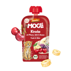 MOGLi bio višňová kapsička se švestkami, jablkem, banánem a ovesnými vločkami 100 g s certifikací Demeter