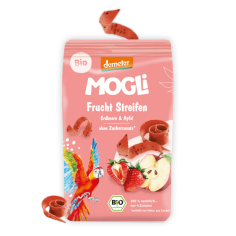 MOGLi bio ovocné pásky s chia semínky a psylliem jahoda a jablko 25 g s certifikací Demeter