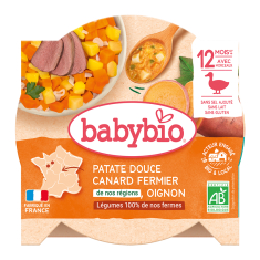 BABYBIO sladké brambory s kachním masem z volného chovu, šalotkou Echalion a špetkou rozmarýnu 230 g