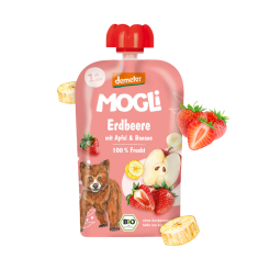 MOGLi bio jahodová kapsička s jablkem a banánem 100 g s certifikací Demeter